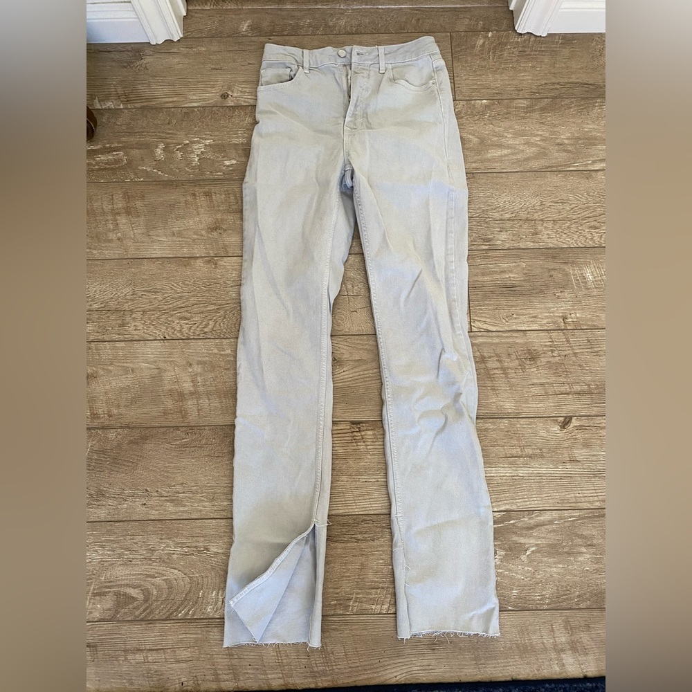 ZARA Split Hem Straight Leg Full Length Mid Rise Pants in Beige/Grey